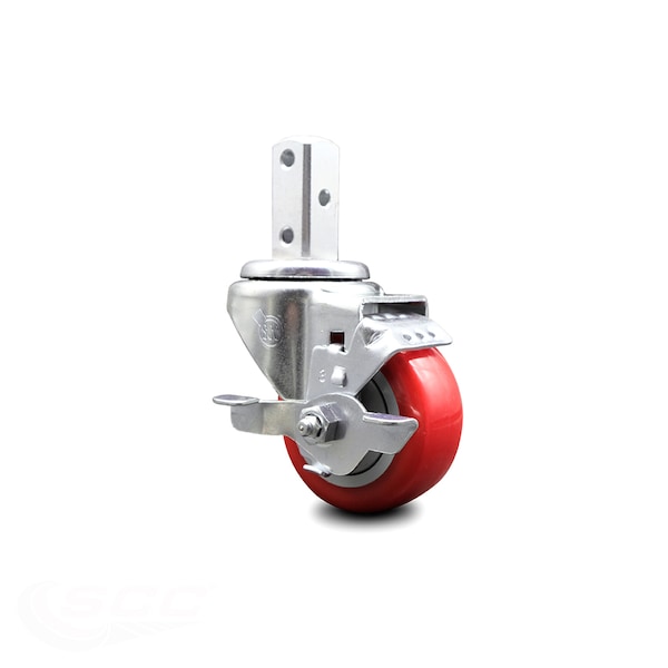 3 Inch Red Polyurethane Wheel Swivel 3/4 Inch Square Stem Caster with Brake